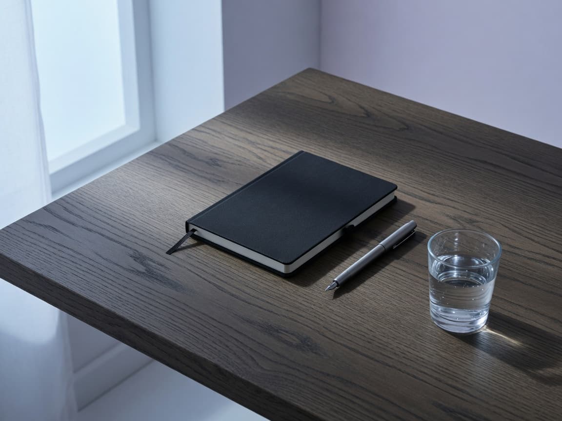 A closed black notebook, steel pen, and glass of water on a dark desk