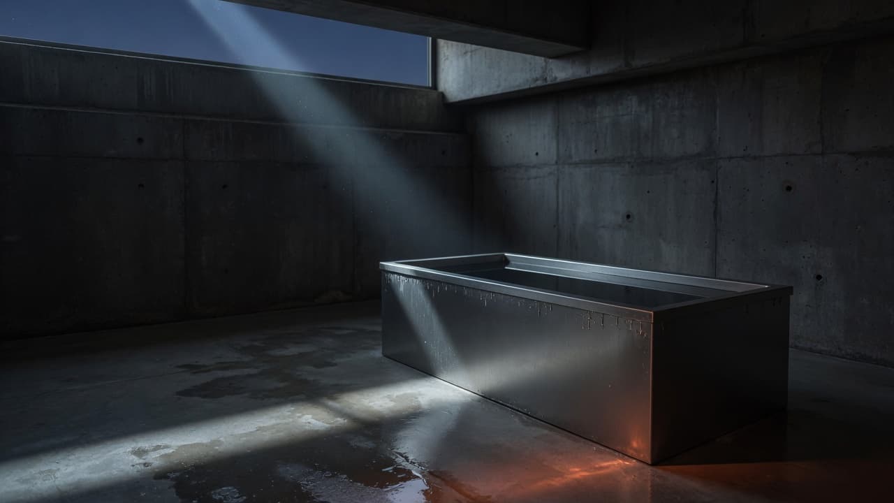 Empty concrete plunge room with a steel cold tank in a shaft of light